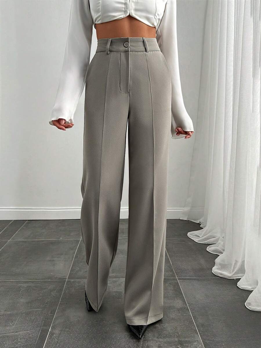 RueChic Women's Solid Color Front Button Minimalist Casual Long Pants, Everyday Wear - Grey - View 1