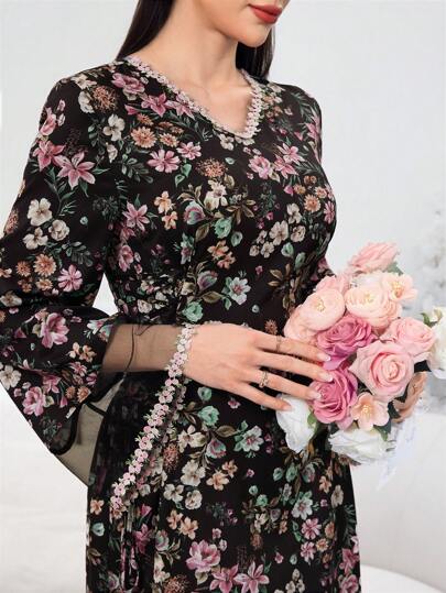 Al Najma Women's Elegant Ditsy Floral Mesh Panel Turkish & Arabian Traditional Maxi Dress, Kaftan & Jalabiya,Modest