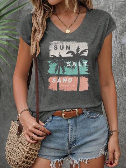 INAWLY T-shirt med ärm med korstryck för kvinnor sommar med kokosnötsträd, mörkgrå grafiska t-shirts Damöverdelar