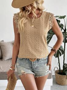 Breezaya 女士休闲提花蕾丝后背无袖 T 恤 - 卡其色 - 查看 4