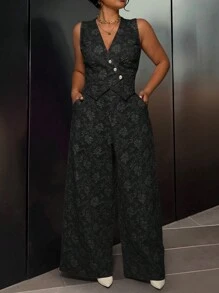 SHEIN Unity Plus Size Front Button Sleeveless Minimalist Top And Long Pants Suit Set Graduation,Back To School,Teacher Outfits For Women - Black - View 6