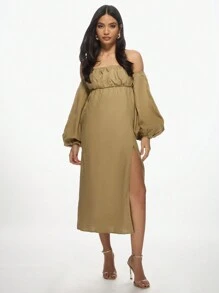 MISSGUIDED Linen Bardot Puff Sleeve Midi Dress With High Side Split Empire Waist Summer Beach Resort Evening Wear Milkmaid Style - Khaki - View 1
