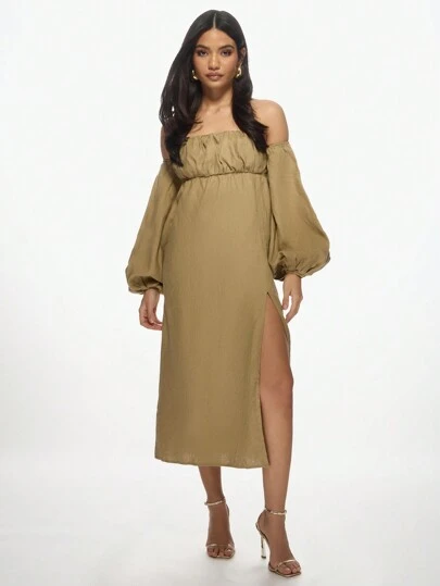MISSGUIDED Linen Bardot Puff Sleeve Midi Dress With High Side Split Empire Waist Summer Beach Resort Evening Wear Milkmaid Style,XS