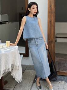 DAZY 女士水洗牛仔宽松背心和裙子套装 - 中等水洗藍 - 查看 7