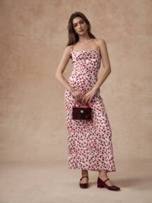 Écloséra 浪漫假期纯色花卉印花垂坠领口后背镂空系带长款吊带背心连衣裙 - 杏色 - 查看 5