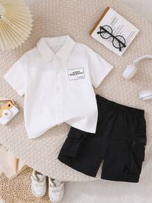Set de 2 piezas para niños pequeños de camiseta de manga corta con decoración de parche con letra y pantalones cortos con bolsillo con cremallera, casual y de urbana, para el verano - Blanco - Ver 7