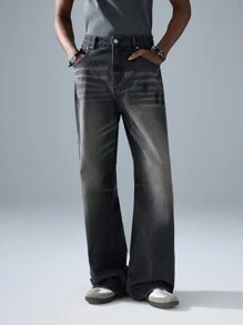 NEON BLANC 男士街头时尚黑色编织宽松长牛仔裤 - 黑色 - 查看 2