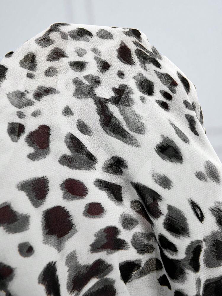 Women Leopard Print V-Neck 3/4 Sleeve Loose Blouse