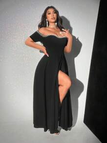 Viva Relle Valentine Plus Size Women Off Shoulder Pearl Decor Elegant Dress - Black - View 3