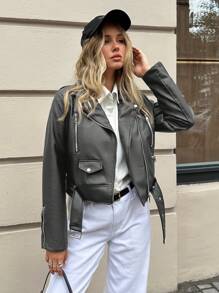 EURMUSE Women's Solid Color Zip Up Collar Long Sleeve Motorcycle PU Leather Jacket, Autumn - Grey - View 6