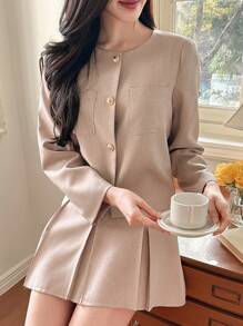 DAZY Solid Color Round Neck Blazer & Skirt Set For Women,Fall Women Clothes Buisness Attire - Pink - View 1