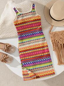 Young Girl Wide Strap Striped Casual Loose Dress - Multicolor - View 6