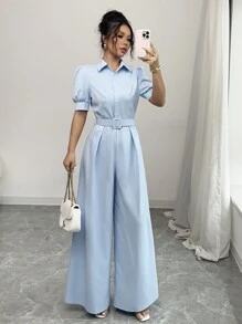 Breezaya French Elegant Elegant Versatile Collared Button Puff Sleeve Cinched Waist Wide Leg Jumpsuit, Blue, Spring/Summer - Baby Blue - View 8