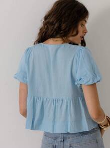 Aralina Schickes Sommer-Urlaubs-Ausgeh-Oberteil mit Puffärmeln, Schleife und geschichtetem Peplum-Bauernhemdsaum