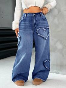 SHEIN ICON Plus Size Sexy Heart Straight Leg Blue Jeans - Dark Wash - View 7
