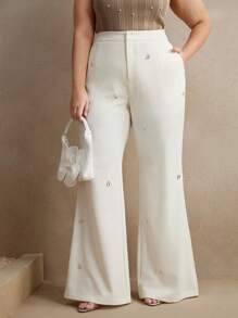 Anewsta Quần ống loe đính ngọc trai giả thời trang cỡ lớn dành cho nữ, thích hợp để đi làm và đi chơi - Màu be - Xem 4