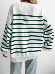 SHEIN Cottnline 条纹与心形图案落肩毛衣 - 綠色 - 查看 2