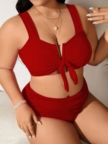 SHEIN Swim Curve Bộ đồ bơi ngày lễ đơn giản 2 mảnh cỡ lớn cho nữ, dành cho kỳ nghỉ hè ở bãi biển - Đỏ - Xem 5