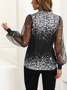 SHEIN Clasi Camiseta ajustada de manga abullonada con estampado y tela de organza metalizada de color plateado - Negro - Ver 2