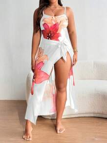 SHEIN Swim Curve Plus Size Women 2pcs/Set Flower Print One-Piece Swimsuit With Cover Up Skirt, Vacation/Summer Beach Wear - Multicolor - View 5