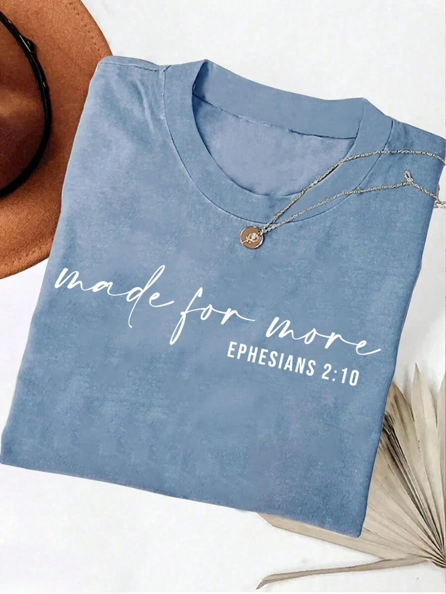 SHEIN EZwear Christian Slogan Printed Loose Fit Round Neck T-Shirt For Women Graphic Tees Women Tops, Christmas - Dusty Blue - View 1