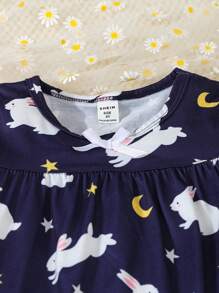 2pcs/Set Young Girl Cute Rabbit Print Navy Blue Long Pants & Short Sleeve Casual Homewear Set - Navy Blue - View 3