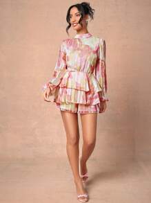 L'Amorae High Neck Open Back Long Sleeve Romper - Multicolor - View 3