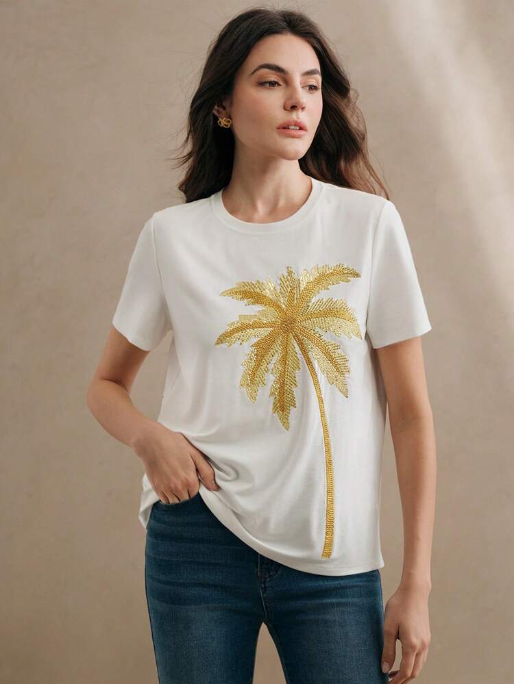 Fashionable Vacation Elegant Beach Palm Tree Sequin Embroidery Decorated T-Shirt, Festival Going Out Vacation For Women, Summer