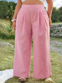 SHEIN VCAY Plus Size Women Pleated Pink & White Striped Loose Pants Summer Beach For Woman Graduation Brunch For Women St Patrick Spring Break Rave Festival Elegant Vacation Woman Casual Western Cute Boho Beach Spring Brunch For Women Old Money Tropical Vacation Woman Pants