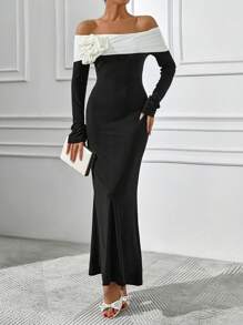 EURMUSE Vestito lungo da donna in colore bianco e nero con dettagli floreali a contrasto