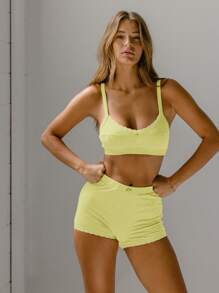 Aralina Lace Trim Sleepwear Ribbed Knit High-Waisted Comfy Lounge Set Bralette And Shorts - Yellow - View 6