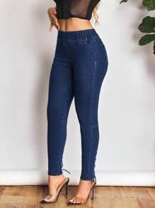 SHEIN SXY 美式女式牛仔裤，夏季新款松紧腰带搭配抽绳设计，修身紧身裤腿