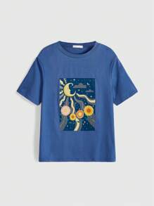 Artlesscauliflower Camiseta de Manga Curta Casual com Estampa Floral e Lua e Sol, Verão - Azul - Visão 1