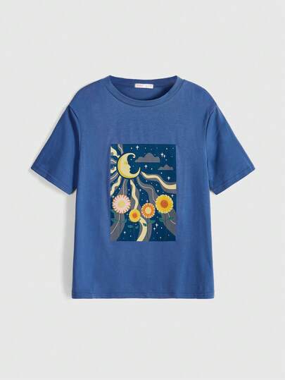 Artlesscauliflower Casual Floral & Sun Moon Print Short Sleeve T-Shirt, Summer