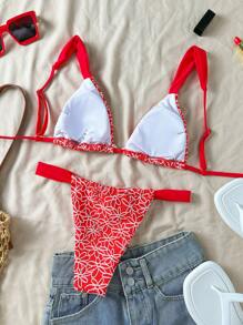 Swim Mod 2 件套提花纹理女士海滩度假蝴蝶装饰比基尼套装 - 紅色 - 查看 2