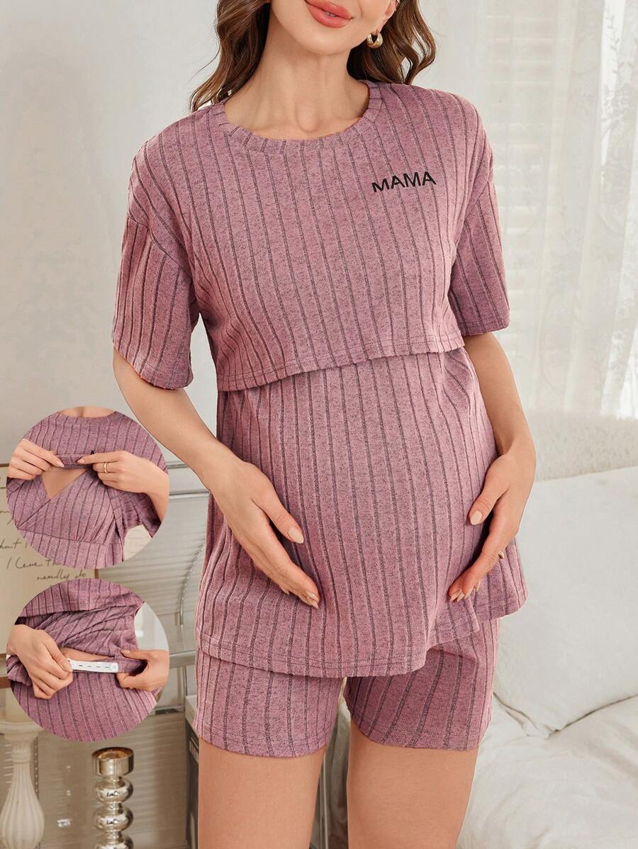 Maternity Nursing Slogan Print Homewear Set - Dusty Pink - View 1