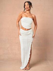 L'Amorae Asymmetric Tube Crochet Vacation Tube Top, Spring Summer Outfits For Women - Apricot - View 4