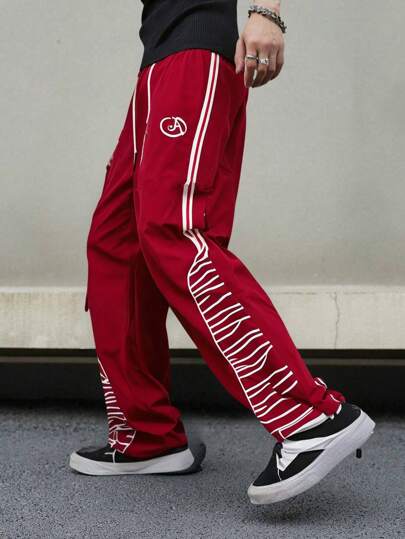 Street Life Men's Geometric Print Cargo Pocket Drawstring Waist Loose Casual Pants