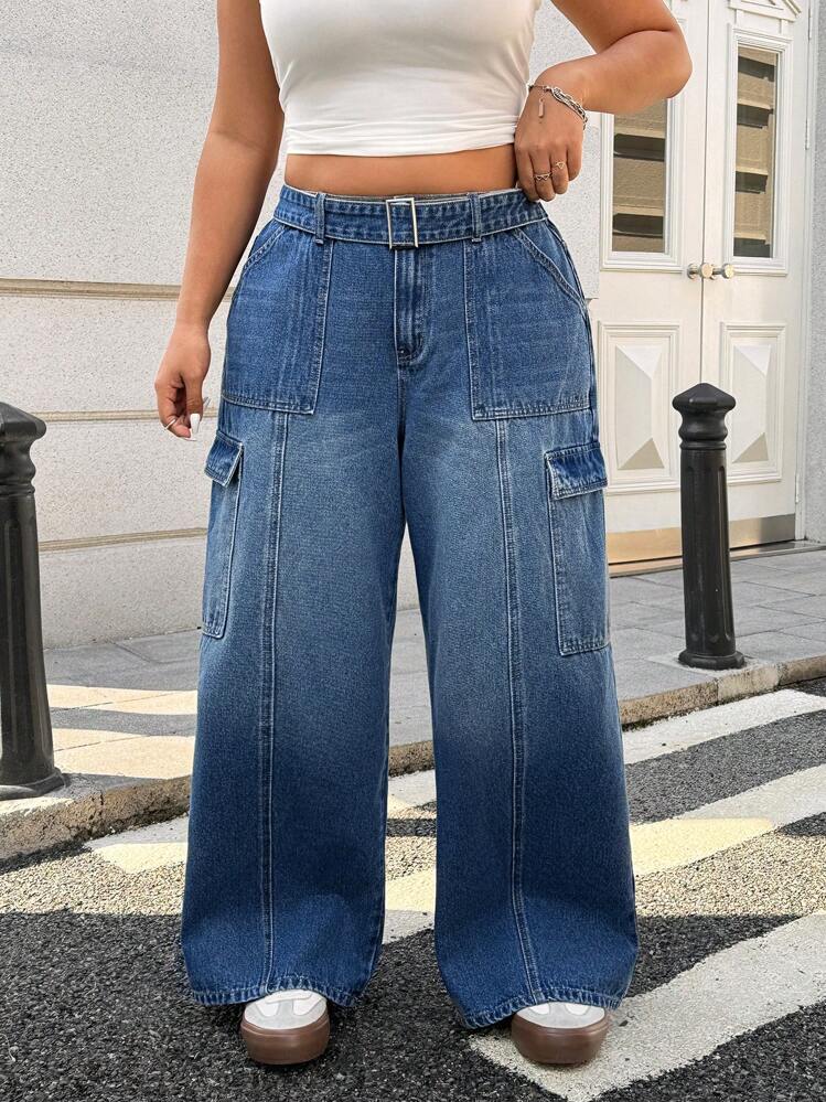 SHEIN EZwear Quần Jeans Ống Rộng Nữ Cỡ Lớn, Thường Ngày Và Thời Trang Cho Mặc Hàng Ngày - Rửa tối - Xem 1