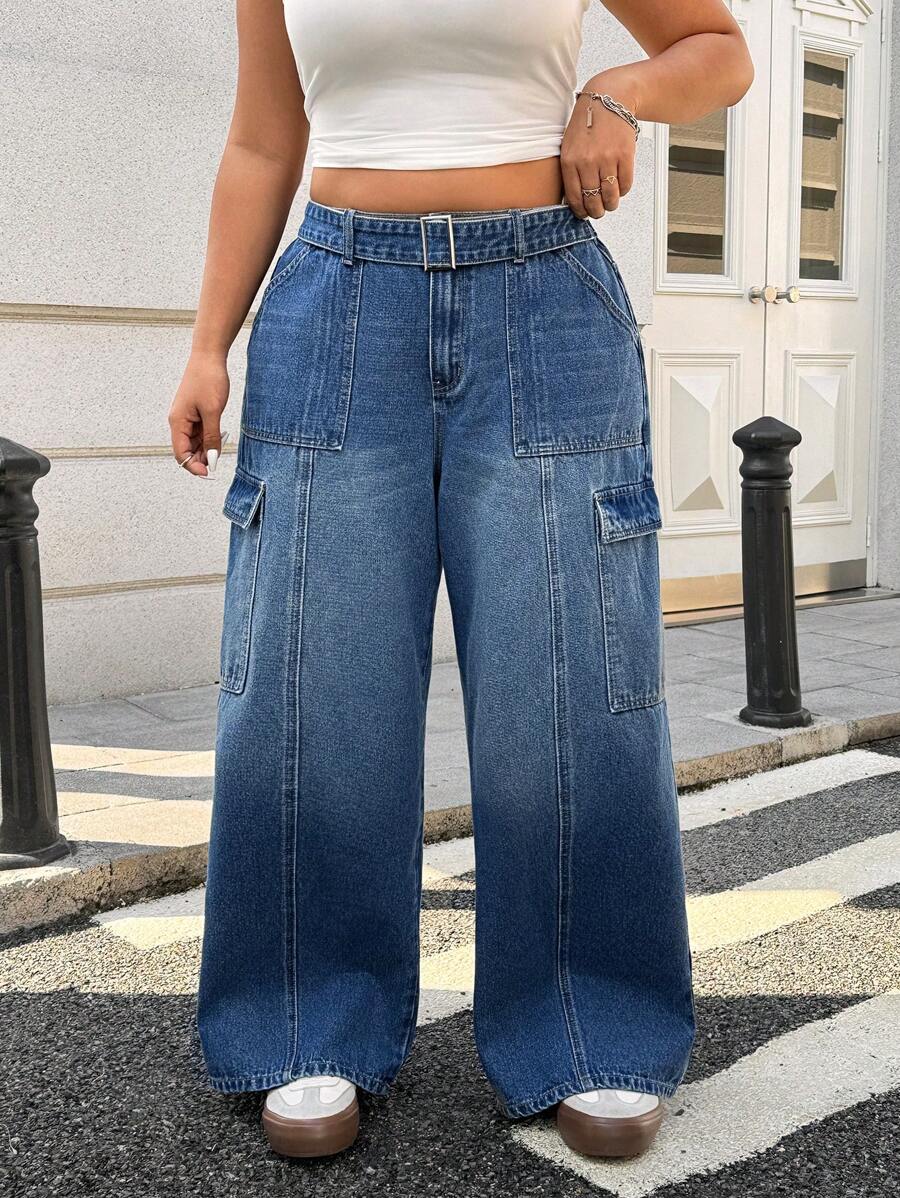 SHEIN EZwear 大码女式直筒牛仔裤,休闲时尚,适合日常穿着 - 深色水洗藍 - 查看 1