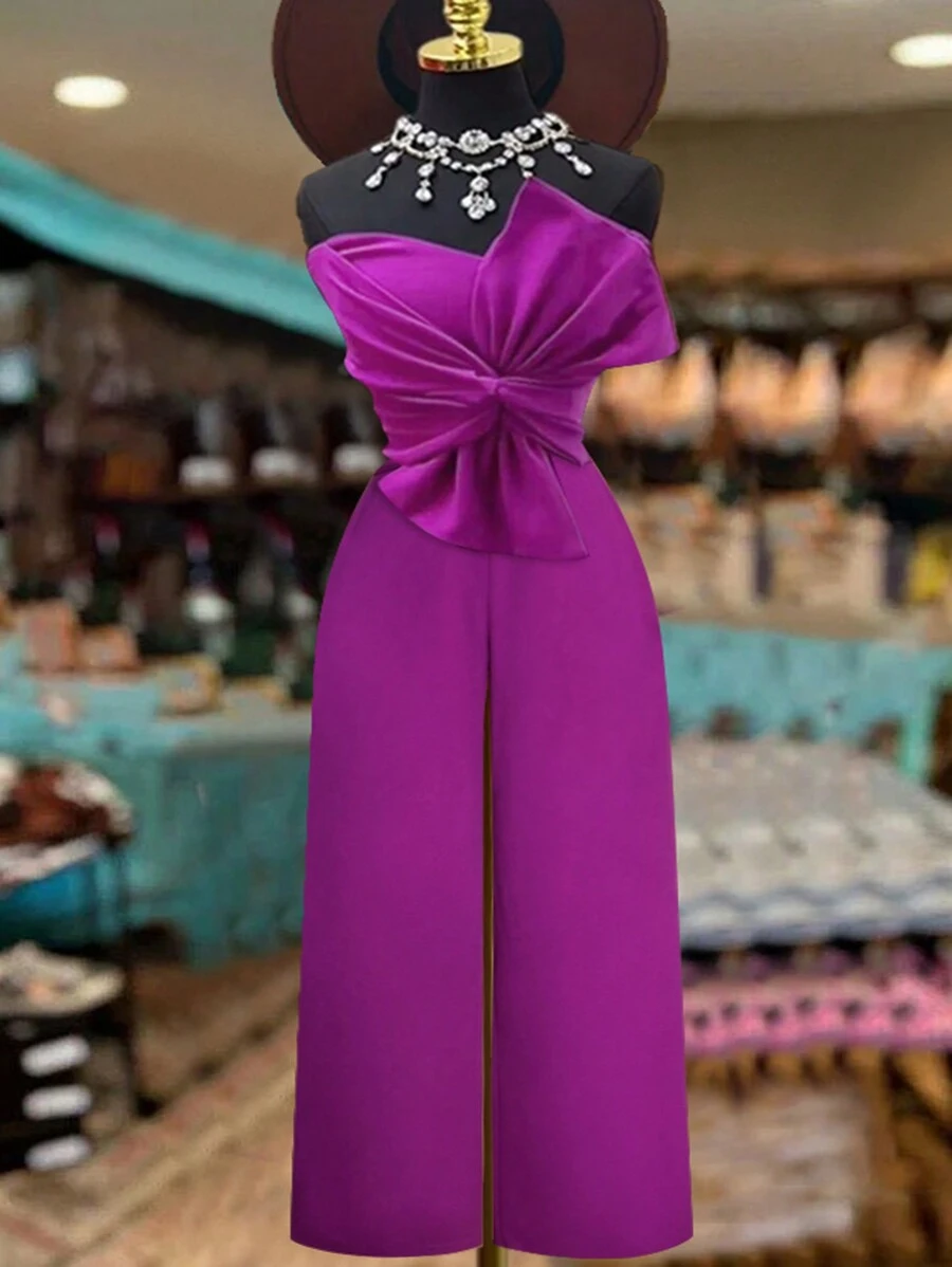 SHEIN Unity Plus Size Women Knitted Jumpsuit With Bowknot ,Valentine - Purple - View 1