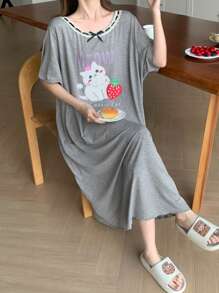 DAZY 猫咪印花宽松短袖女士睡袍睡衣