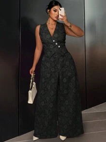 SHEIN Unity Plus Size Front Button Sleeveless Minimalist Top And Long Pants Suit Set Graduation,Back To School,Teacher Outfits For Women - Black - View 1