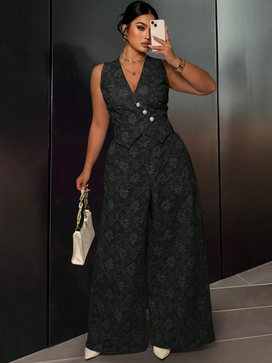 SHEIN Unity Plus Size Front Button Sleeveless Minimalist Top And Long Pants Suit Set Graduation,Back To School,Teacher Outfits For Women - Black - View 1