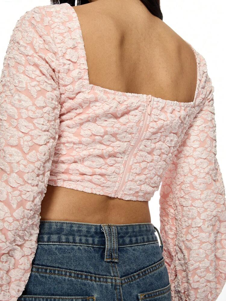 MISSGUIDED Verspieltes Jacquard Puff Ärmel Crop Top mit geraffter Vorderpartie, quadratischer Ausschnitt Bluse, perfekt für Frühlings-/Sommerdates, Partys, Hochzeitsgäste
