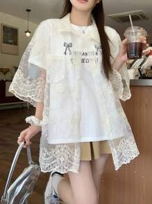 DAZY 女士休闲蕾丝透明长袖衬衫，休闲与度假