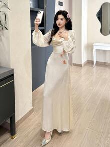 Modelyn 女式杏色梭织面料拼接花卉荷叶边领收腰长裙 - 杏色 - 查看 7