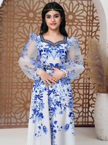 SHEIN Teenage (Girls) Mesh Splice Sweetheart Collar Long Sleeve Floral Print Dress