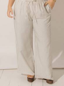 Aralina Curve Summer Vacation Beach Linen Drawstring Striped Relaxed Wide-Leg Pants
