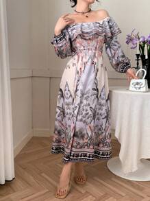 DAZY Beige Floral Print Off Shoulder Full Flare Dress For Women,Long Sleeve Ruffle Hem Self Tie Waist Autumn Boho Holiday Tea Party Vacation Outfits - White - View 4